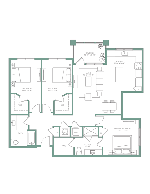 Floor plan for 3 beds, 2 baths, 1486 sqft